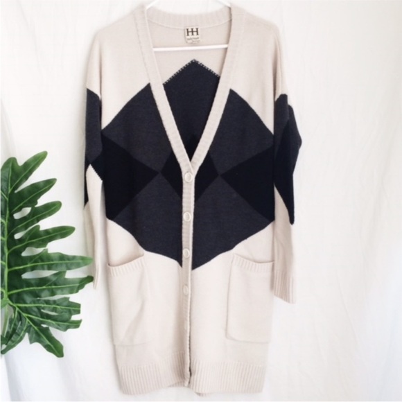 HAUTE HIPPIE Merino Wool ARGYLE CARDIGAN SWEATER Long Line Sz L - Picture 3 of 10